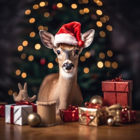 Cute deer hare red santa hat background snow postcard fluffy animals gift red winter photo art wall posterの素材