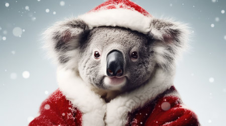 Cute koala red santa hat background snow postcard fluffy animals gift red winter photo wapp art posterの素材