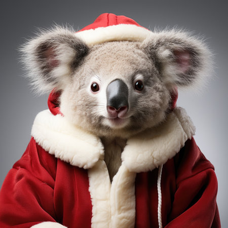 Cute koala red santa hat background snow postcard fluffy animals gift red winter photo wapp art posterの素材