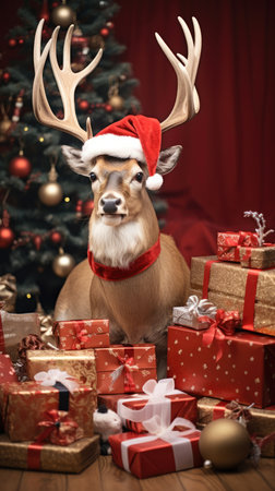 Cute deer hare red santa hat background snow postcard fluffy animals gift red winter photo art wall posterの素材