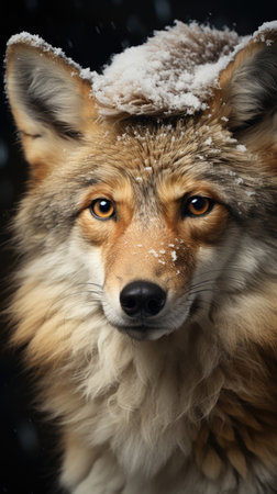 Cute wolf coyote red santa hat background snow postcard fluffy animals gift red winter photo art wall posterの素材