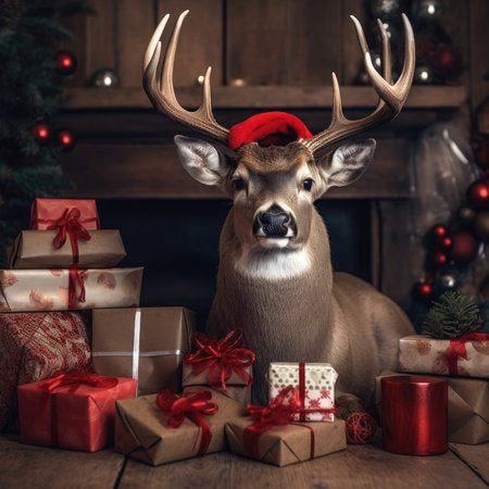 Cute deer hare red santa hat background snow postcard fluffy animals gift red winter photo art wall posterの素材