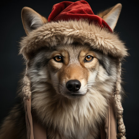 Cute wolf coyote red santa hat background snow postcard fluffy animals gift red winter photo art wall posterの素材