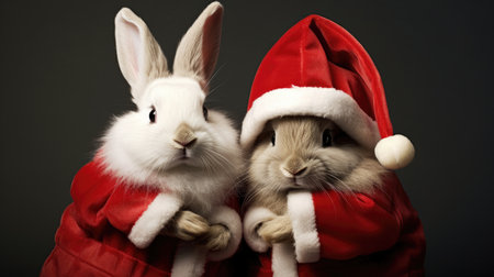 Cute rabbit hare red santa hat background snow postcard fluffy animals gift red winter photo art wall posterの素材