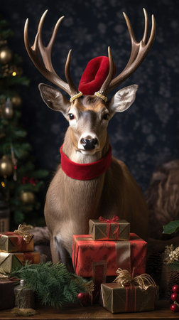 Cute deer hare red santa hat background snow postcard fluffy animals gift red winter photo art wall posterの素材