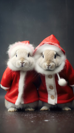 Cute rabbit hare red santa hat background snow postcard fluffy animals gift red winter photo art wall posterの素材