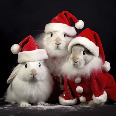 Cute rabbit hare red santa hat background snow postcard fluffy animals gift red winter photo art wall posterの素材