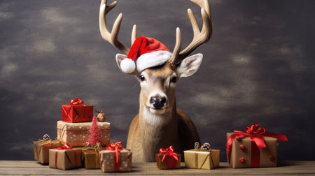 Cute deer hare red santa hat background snow postcard fluffy animals gift red winter photo art wall posterの素材