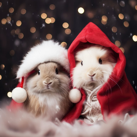 Cute rabbit hare red santa hat background snow postcard fluffy animals gift red winter photo art wall posterの素材