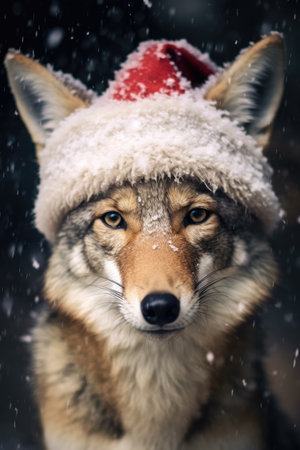 Cute wolf coyote red santa hat background snow postcard fluffy animals gift red winter photo art wall posterの素材