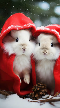 Cute rabbit hare red santa hat background snow postcard fluffy animals gift red winter photo art wall posterの素材