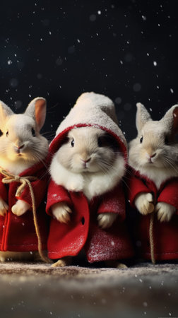 Cute rabbit hare red santa hat background snow postcard fluffy animals gift red winter photo art wall posterの素材