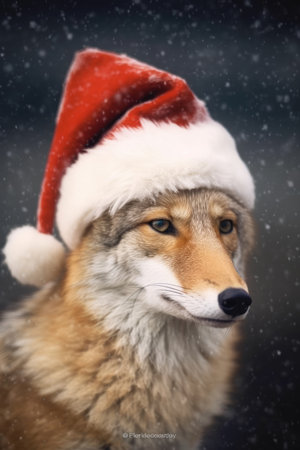 Cute wolf coyote red santa hat background snow postcard fluffy animals gift red winter photo art wall posterの素材
