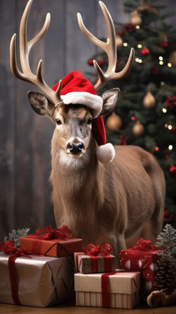 Cute deer hare red santa hat background snow postcard fluffy animals gift red winter photo art wall posterの素材