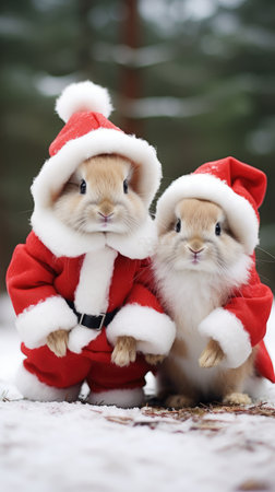 Cute rabbit hare red santa hat background snow postcard fluffy animals gift red winter photo art wall posterの素材