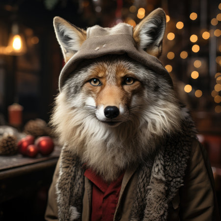 Cute wolf coyote red santa hat background snow postcard fluffy animals gift red winter photo art wall posterの素材