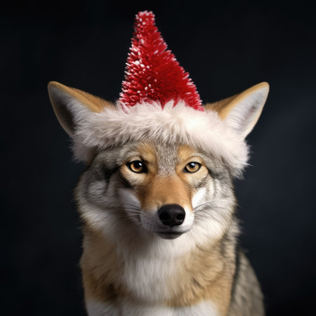 Cute wolf coyote red santa hat background snow postcard fluffy animals gift red winter photo art wall posterの素材