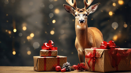 Cute deer hare red santa hat background snow postcard fluffy animals gift red winter photo art wall posterの素材