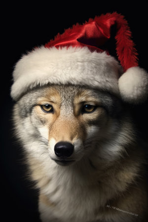 Cute wolf coyote red santa hat background snow postcard fluffy animals gift red winter photo art wall posterの素材