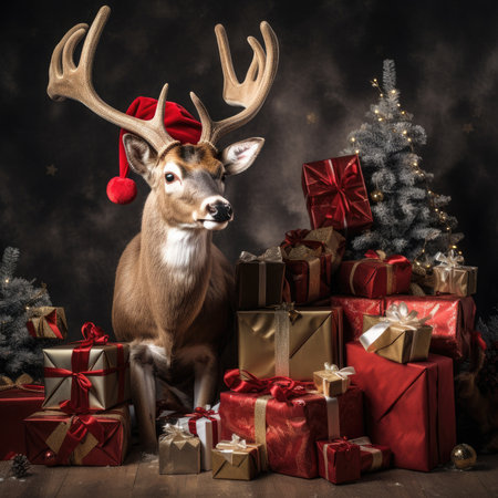 Cute deer hare red santa hat background snow postcard fluffy animals gift red winter photo art wall posterの素材