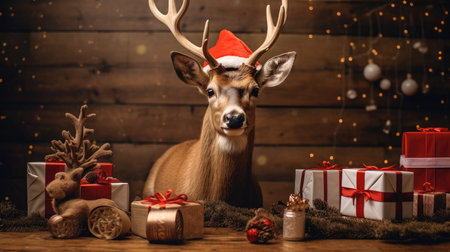 Cute deer hare red santa hat background snow postcard fluffy animals gift red winter photo art wall posterの素材