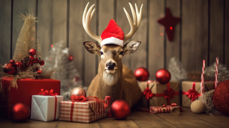 Cute deer hare red santa hat background snow postcard fluffy animals gift red winter photo art wall posterの素材