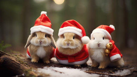 Cute rabbit hare red santa hat background snow postcard fluffy animals gift red winter photo art wall posterの素材