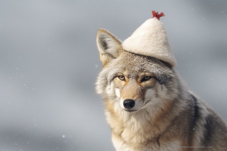 Cute wolf coyote red santa hat background snow postcard fluffy animals gift red winter photo art wall posterの素材