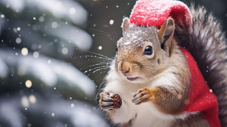 Cute squirrel red santa hat background snow postcard fluffy animals gift red winter photo art wall posterの素材
