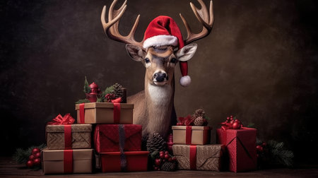 Cute deer hare red santa hat background snow postcard fluffy animals gift red winter photo art wall posterの素材