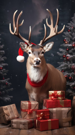 Cute deer hare red santa hat background snow postcard fluffy animals gift red winter photo art wall posterの素材