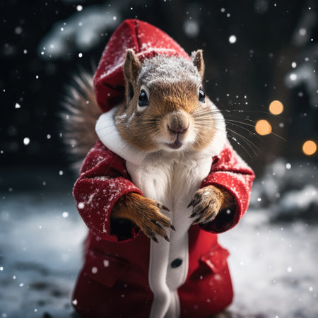 Cute squirrel red santa hat background snow postcard fluffy animals gift red winter photo art wall posterの素材