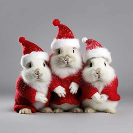 Cute rabbit hare red santa hat background snow postcard fluffy animals gift red winter photo art wall posterの素材