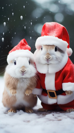 Cute rabbit hare red santa hat background snow postcard fluffy animals gift red winter photo art wall posterの素材
