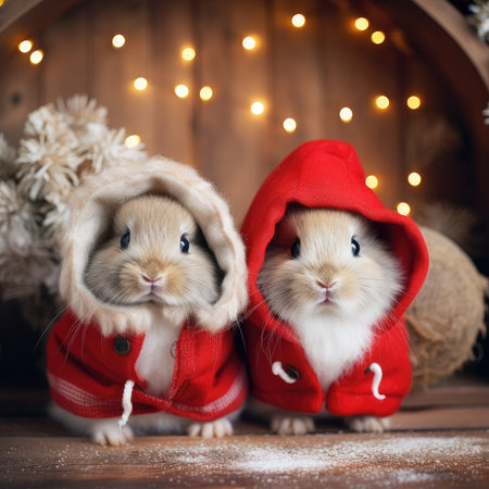 Cute rabbit hare red santa hat background snow postcard fluffy animals gift red winter photo art wall posterの素材