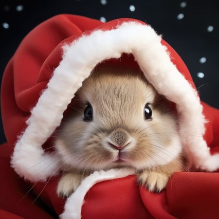 Cute rabbit hare red santa hat background snow postcard fluffy animals gift red winter photo art wall posterの素材