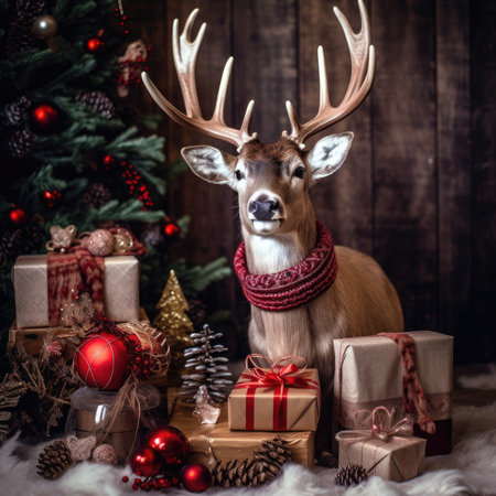 Cute deer hare red santa hat background snow postcard fluffy animals gift red winter photo art wall posterの素材