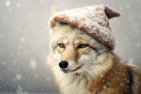 Cute wolf coyote red santa hat background snow postcard fluffy animals gift red winter photo art wall posterの素材