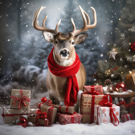 Cute deer hare red santa hat background snow postcard fluffy animals gift red winter photo art wall posterの素材