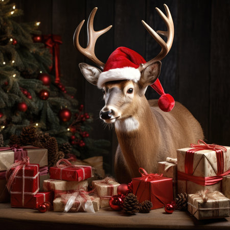 Cute deer hare red santa hat background snow postcard fluffy animals gift red winter photo art wall posterの素材