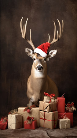 Cute deer hare red santa hat background snow postcard fluffy animals gift red winter photo art wall posterの素材