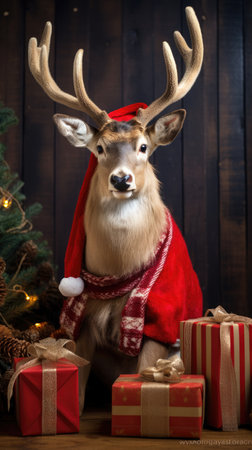 Cute deer hare red santa hat background snow postcard fluffy animals gift red winter photo art wall posterの素材