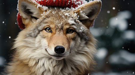 Cute wolf coyote red santa hat background snow postcard fluffy animals gift red winter photo art wall posterの素材