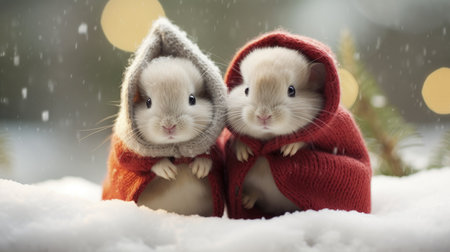 Cute rabbit hare red santa hat background snow postcard fluffy animals gift red winter photo art wall posterの素材