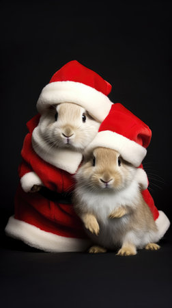 Cute rabbit hare red santa hat background snow postcard fluffy animals gift red winter photo art wall posterの素材
