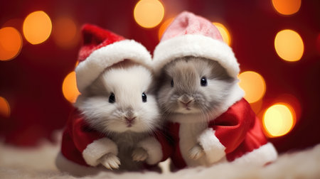 Cute rabbit hare red santa hat background snow postcard fluffy animals gift red winter photo art wall posterの素材