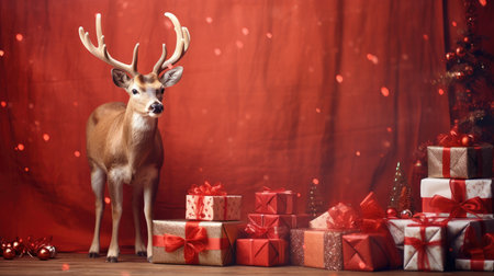Cute deer hare red santa hat background snow postcard fluffy animals gift red winter photo art wall posterの素材