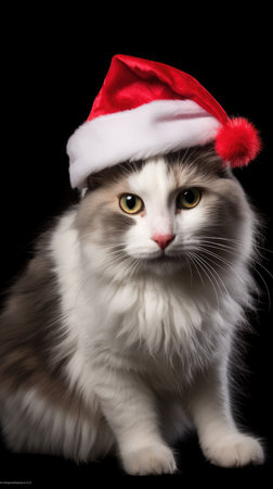 Adorable fluffy cat Santa hat sitting Christmas present box lights background new year poster santa hat photographyの素材