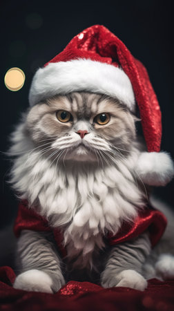 Adorable fluffy cat Santa hat sitting Christmas present box lights background new year poster santa hat photographyの素材