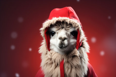 Cute llama wearing Christmas hat Posing red background funny looking santa new year clipart camel photo happyの素材